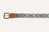 The Drewski by Zilker Belts features a colorful geometric pattern crafted from artisan Argentine fabric, complemented by brown world-class Argentine leather accents and a brass buckle.