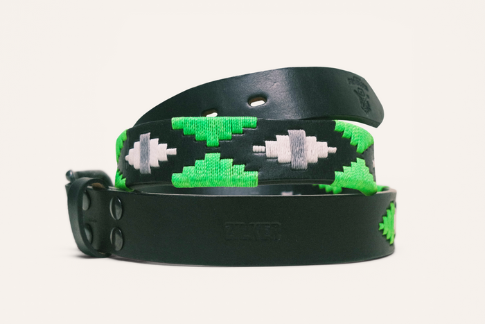 Black leather belt with neon green, white, and grey nylon stitching. Both Zilker Belts logo and The Austin Gamblers logo are embossed.