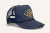 A denim "J Willy" hat by Zilker Belts with the word California on it, featuring breathable mesh panels for a cool and comfortable fit.